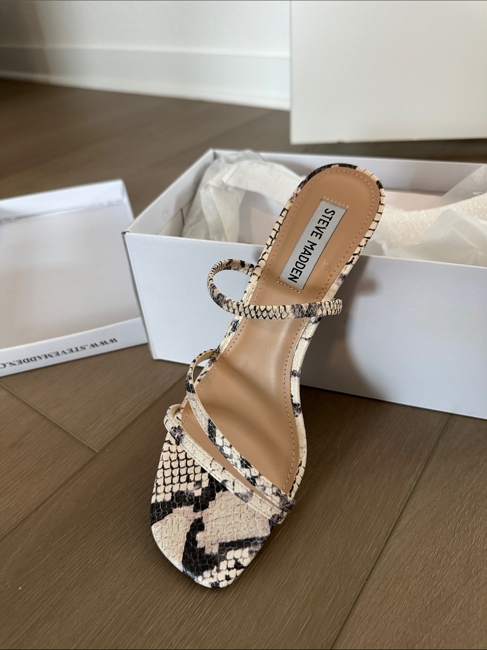 Steve Madden Beige and Black Snake-Print Strappy Kitten Heel